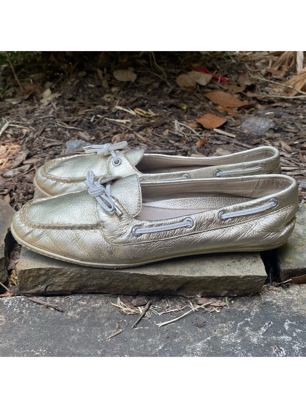 Sperry Gold Boat Shoes Size 8 women Leather Loafers Classic Shoe Shimmer preppy